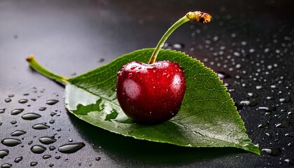 bright cherry on a green leaf with drops