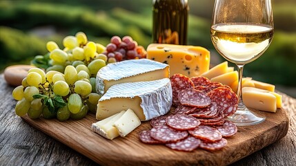 Romantic dinner with wine, cheese and salami in nature