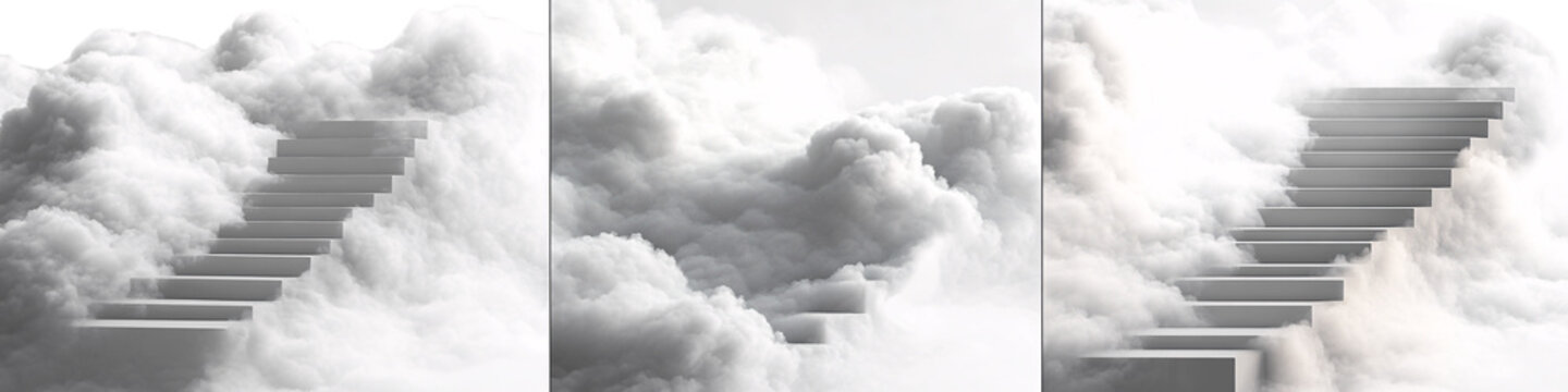 different staircases made of clouds, transparent background, PNG