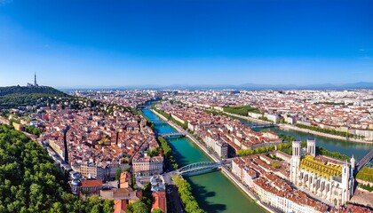 lyon panorama with fourviere basilica part dieu city center rhone and saone rivers france aerial view of famous touristic landmarks french city of lights sunny warm summer day blue sky