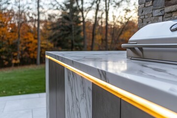 Luxurious outdoor kitchen featuring a built-in stainless steel grill, marble countertops, and ambient LED lighting, blending modern design with a natural landscape setting
