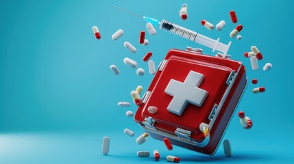 First aid kit, pills, syringe; healthcare concept; blue background; medical illustration