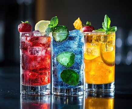 Set of different colorful cocktails on black background. Classic cocktail menu concept with long drinks.