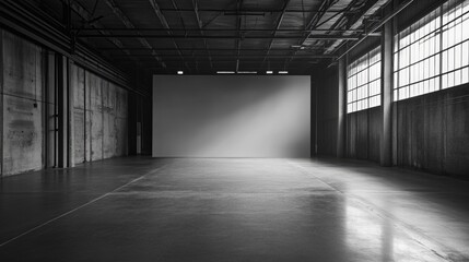 A black and white photograph of an abandoned warehouse with no signs of life or activity
