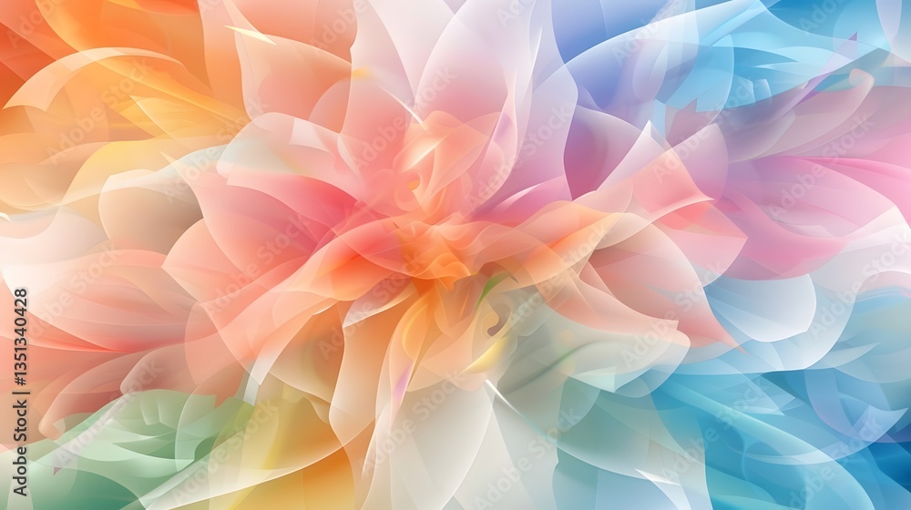 Poster mesmerizing kaleidoscopic floral abstract with geometric petal arrangements in a vibrant color palet