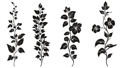 Monochromatic Botanical Artwork in Shades of Blue and Gray isolated on white background