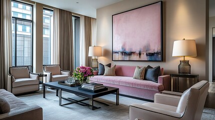 Chic living room design featuring a pink sofa abstract artwork above sleek coffee table neutral tones and soft light creating a harmonious and trendy vibe. 
