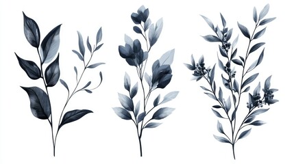 Monochromatic Botanical Artwork in Shades of Blue and Gray isolated on white background