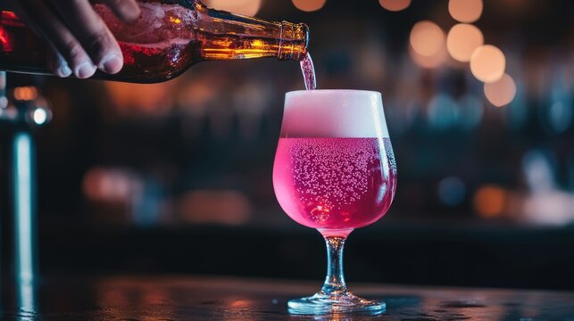 Craft Cherry Pink Beer Poured from Bottle into Glass at a Cozy Pub with Dark Ambiance