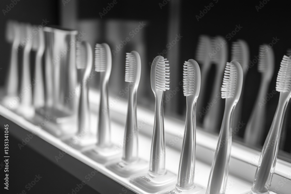 Poster Row of toothbrushes aligned on a shelf, ready for use