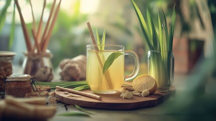 Refreshing ginger tea, indoor setting, sunlit kitchen, healthy drink, lifestyle