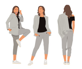 Obraz premium Young modern business woman in different poses, front, side, back view. Attractive girl wearing business suit and sneakers. Vector realistic illustration isolated on white background.
