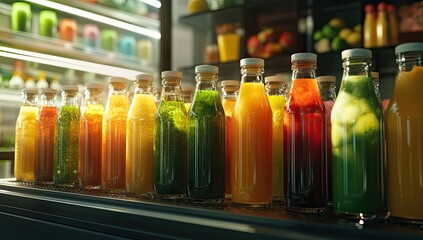 Colorful juice bottles display in a modern health food store