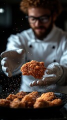 Chef tossing fried chicken, kitchen, dark background, food photography
