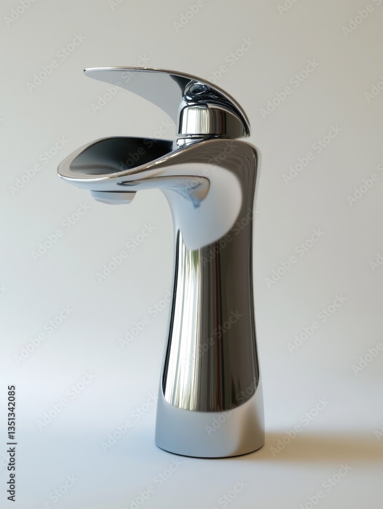 Poster A close-up shot of a chrome faucet with a unique curved handle on a white background