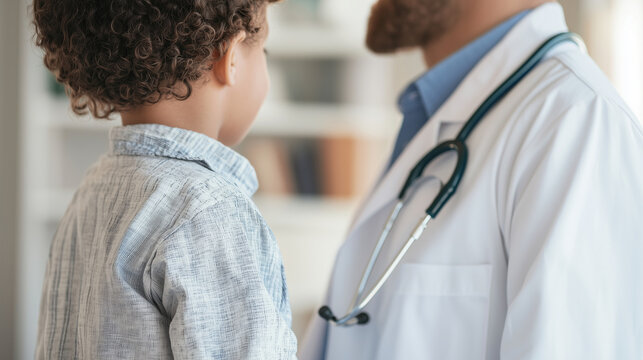 A pediatrician teaching a child to use a stethoscope