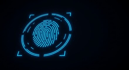 Glowing blue fingerprint scan with target reticle on a dark background for security purposes