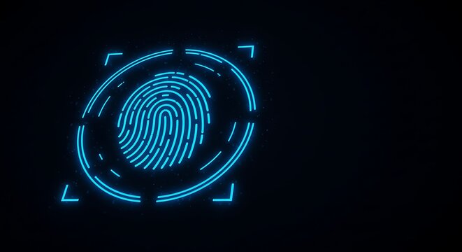 Glowing blue fingerprint scan with target reticle on a dark background for security purposes