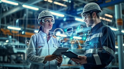 Two engineers discuss innovative technologies in a factory, focusing on digital displays for data analysis and AI integration to boost productivity and efficiency in automotive engineering