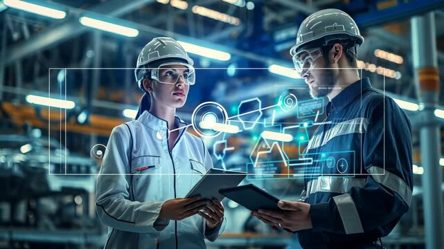 Two engineers discuss innovative technologies in a factory, focusing on digital displays for data analysis and AI integration to boost productivity and efficiency in automotive engineering