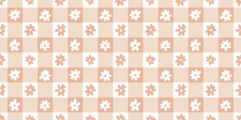 Brown warm neutral beige floral gingham plaid vector pattern background, seamless repeating wallpaper with daisy flowers