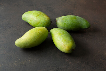A view of some green mangoes.