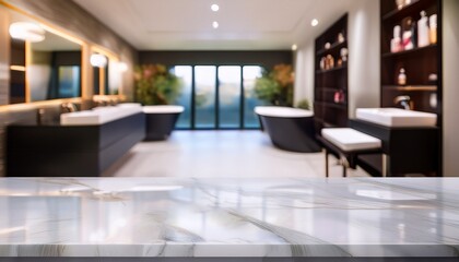 shiny marble table surface on blurred background of beauty salon with empty space for placing skin or hair care product
