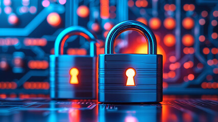 Digital Padlock on Dark Blue Background, Cybersecurity Technology for Fraud Prevention and Data Privacy Protection