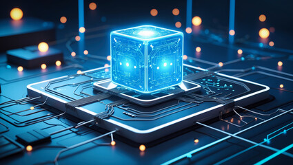 A futuristic, high tech scene featuring a central glowing cube, suspended above a circuit platform. Artificial intelligence and advanced technology concept.