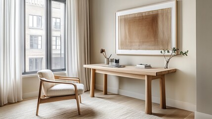 Fototapeta premium Contemporary home office with a light wood desk, a simple chair, and modern decor in a soothing neutral palette, bathed in soft natural light, medium framing. 