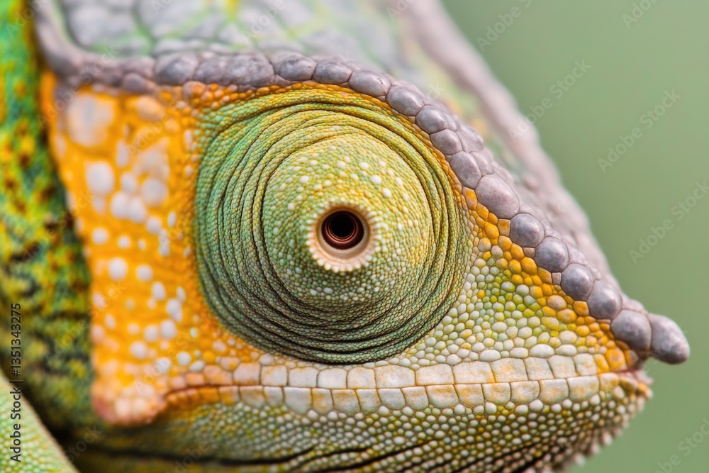 Poster a detailed view of a chameleon's eye, featuring its unique texture and coloration