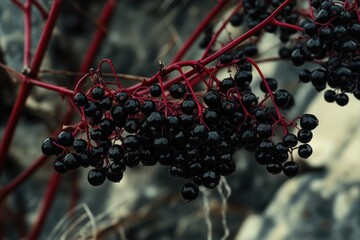 European Black Elderberry Fruit Cluster on Red Twig: A Juicy Antioxidant for Autumn's Healing Remedies