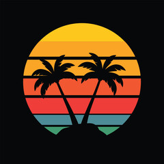  Plam tree Silhouette on Retro Vintage Background Vector Art Illustration T-shirt Design Art