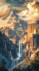 Mount Olympus, the magnificent realm of Greek gods, surrounded by clouds