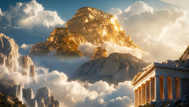 Mount Olympus, the magnificent realm of Greek gods, surrounded by clouds