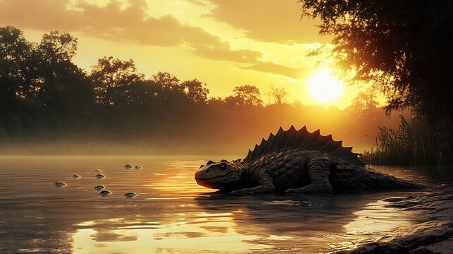 Strange looking Concavenator resting near a shallow river its distinctive back hump silhouetted against the setting sun The water ripples as fish swim by unaware of the lurking predator nearby