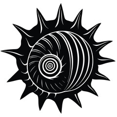 Spiral Seashell with Crescent Moon Patterns - Black and White Vector Illustration