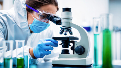 Fototapeta premium A scientist in a laboratory setting, focusing intently on a multiple lenses microscope