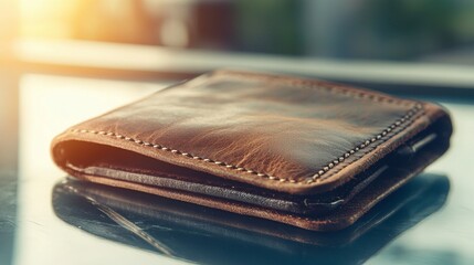 A deep burgundy leather wallet with fine stitching, lying on a polished glass counter under warm lighting. The wallet’s elegant craftsmanship and smooth texture highlight its luxury appeal.