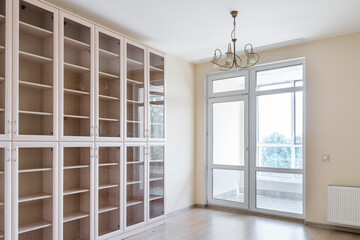 a bright unfurnished bedroom with a large built-in wardrobe with glass doors.