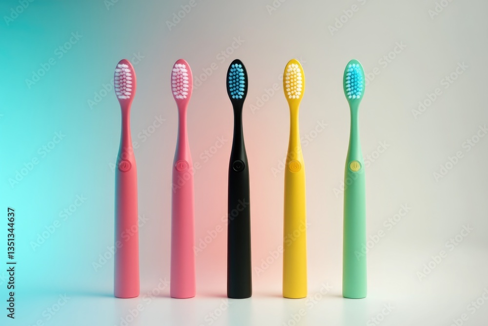 Poster four colorful toothbrushes arranged on a surface