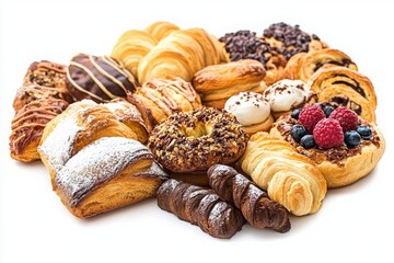 An assortment of pastries including croissants donuts and danishes on a white background