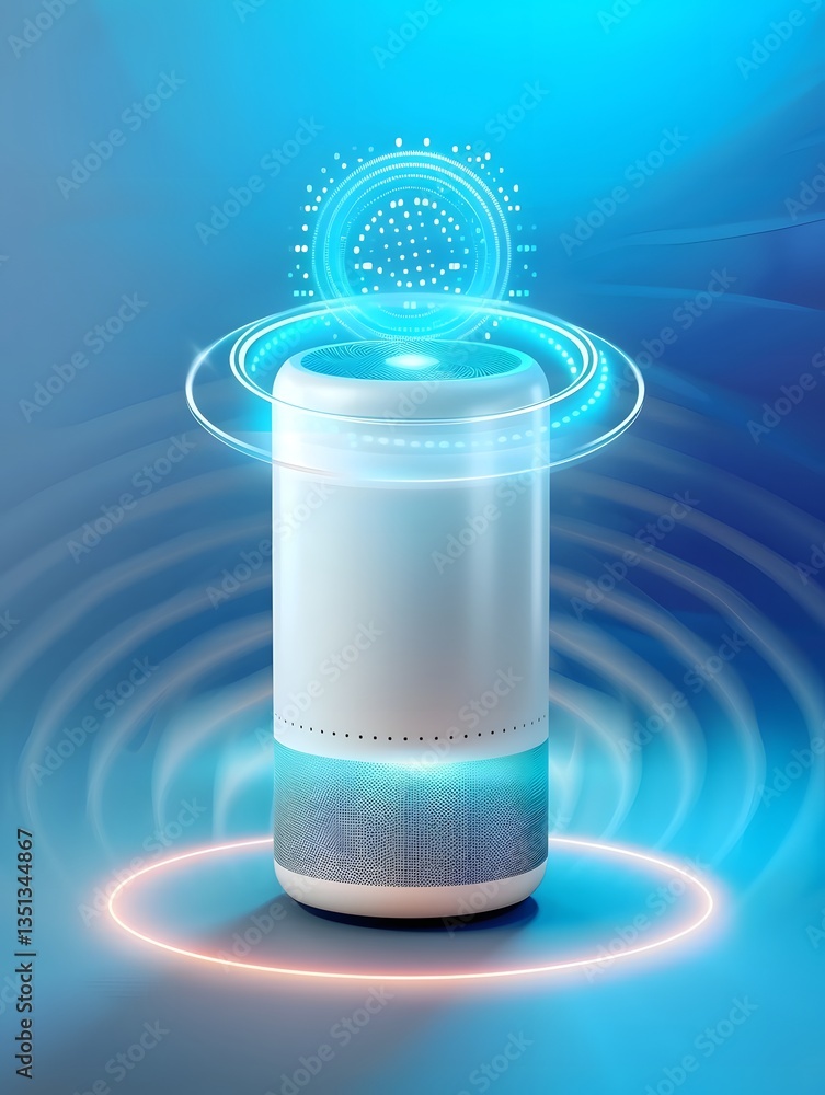 Poster sleek and modern smart speaker with voice activated interface displaying a glowing light ring on a m