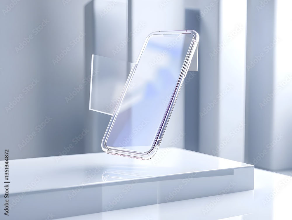 Poster sleek futuristic smartphone with a transparent floating screen showcased against a minimalist white 