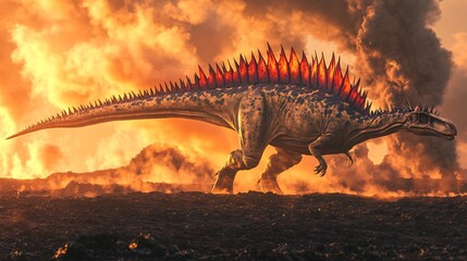 Striking Amargasaurus its long spined neck moving gracefully through a prehistoric valley steam rising from nearby volcanic vents The crimson hues of dawn reflect off its colorful sail like spines