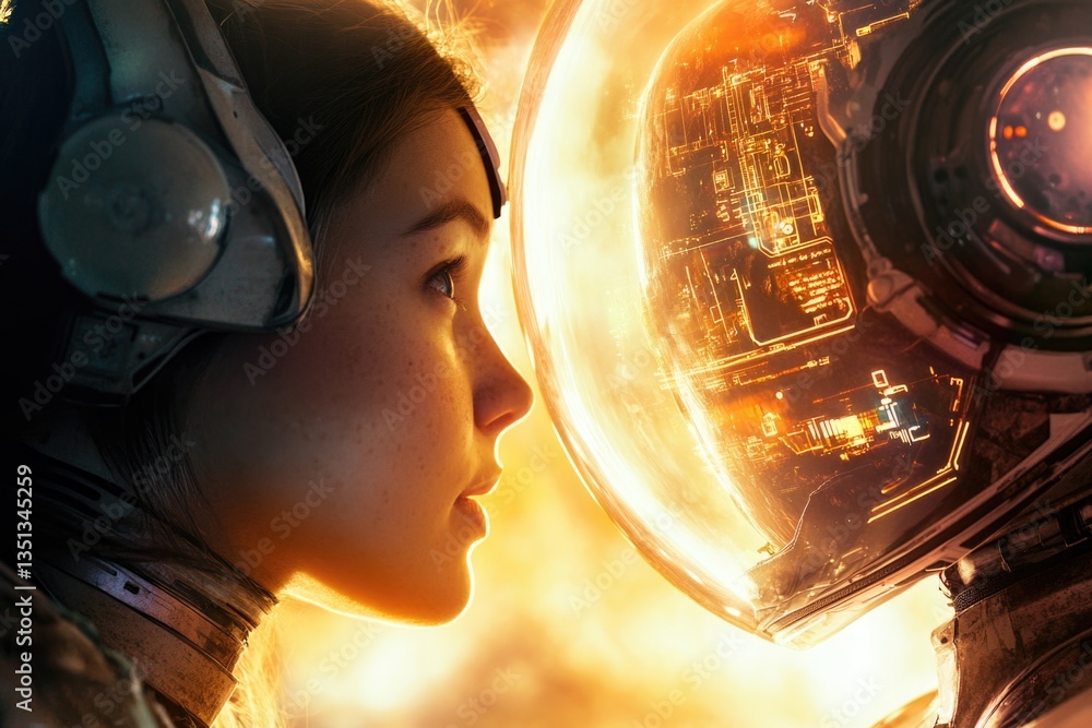 Aufkleber two astronauts in space suits, one looking at the other, possibly communicating or checking each oth