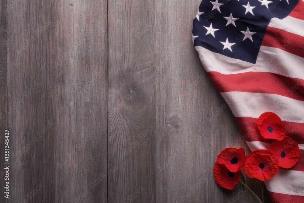 Poster minimalistic stock photo of neatly folded american flag resting on rustic wooden table with soft nat