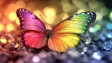 A soft cascade of rainbow butterflies gently descending through a black void, like falling stars.