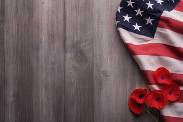 Obraz premium minimalistic stock photo of neatly folded american flag resting on rustic wooden table with soft natural light