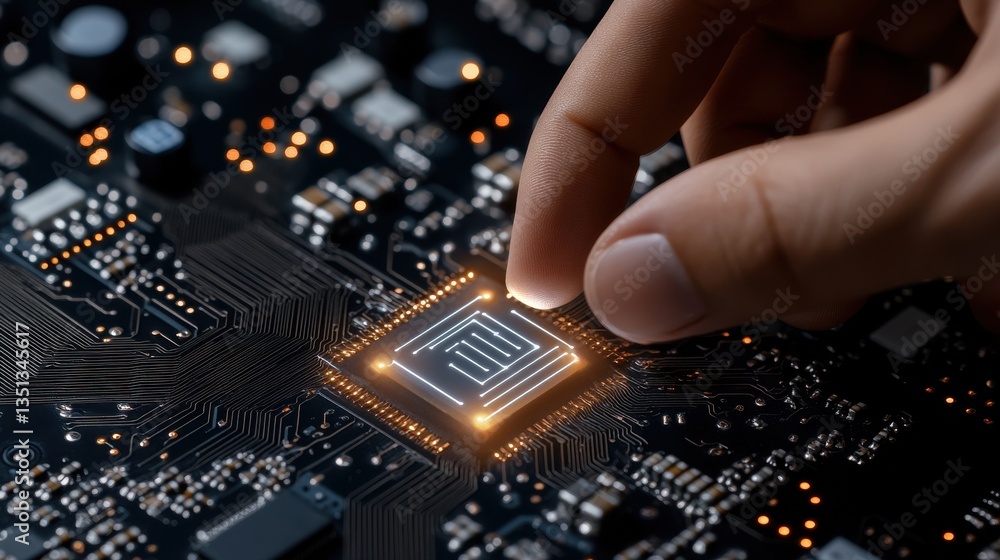 Poster a hand is touching a computer chip